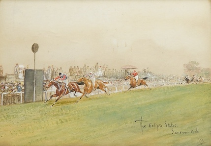 John Beer (1860-1930), ‘The Eclipse Stakes, Sandown Park’, signed with monogram, watercolour heightened with white, 18 x 25cm